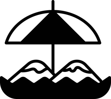 Büyük şemsiyeli ve arka planda iki dağ olan bir plaj sahnesinin siyah beyaz çizimi.