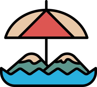 Büyük şemsiyeli ve arka planda iki dağ olan bir plaj sahnesinin siyah beyaz çizimi.