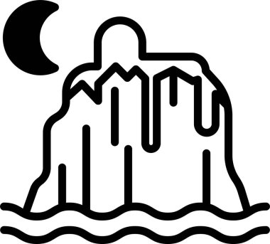 Önünde büyük bir su kütlesi olan bir dağın siyah beyaz çizimi. Su dalgalı ve dağ buzla kaplı.