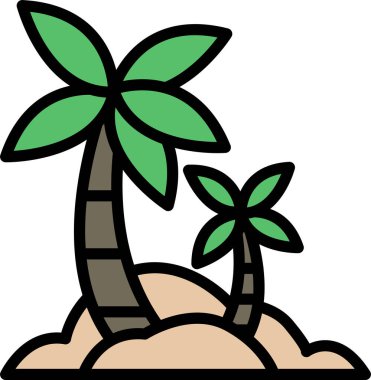 Kumlu bir sahilde iki palmiye ağacı duruyor. Palmiye ağaçları uzun ve yeşildir ve görüntünün ana odak noktasıdır. Kumsal huzurlu ve rahatlatıcı bir yerdir.