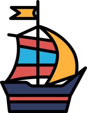 Siyah beyaz bir yelkenli çizimi. Tekne küçük ve üstünde bir bayrak var. Tekne görüntünün ortasına yerleştirildi.