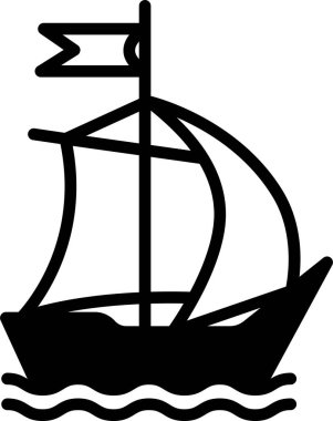 Siyah beyaz bir yelkenli çizimi. Tekne küçük ve üstünde bir bayrak var. Tekne görüntünün ortasına yerleştirildi.