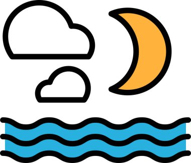 Büyük bir ay ve bulutlarla gece gökyüzünün siyah ve beyaz çizimi. Ay suyun üzerinde konumlanmıştır ve bulutlar gökyüzüne dağılmıştır.