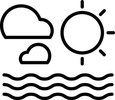 Bulutların arasından parlayan güneşli bulutlu bir gökyüzünün siyah ve beyaz çizimi. Güneş görüntünün merkezinde ve bulutlar gökyüzüne dağılmış durumda.