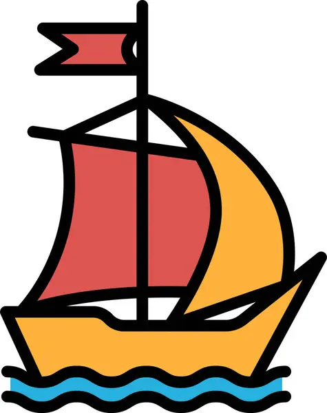 帆船的黑白画 小船很小 上面有一面旗子 船被放置在图像的中心 — 图库矢量图片