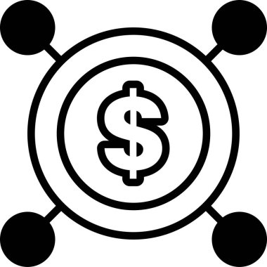 Bir dolar işaretinin etrafında bir daire olan siyah ve beyaz bir resmi. Dolar işareti, harcamaların farklı yönlerini temsil edebilecek bir dizi küçük dairelerle çevrilidir.