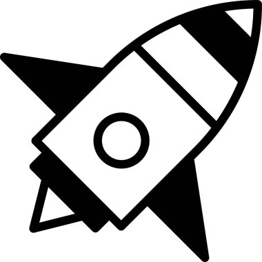 Gökyüzünde bir roket uçuyor. Bu bir siyah beyaz çizim. Roket görüntünün ana odak noktası.