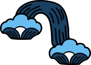 Arka planda bulutlar olan mavi ve beyaz bir şelale çizimi. Çizim, karikatür tarzında ve tuhaf, eğlenceli bir havası var.