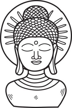 Huzurlu bir ifadeyle bir Buda çizimi. Çizim siyah beyaz ve bir Budist figürü.