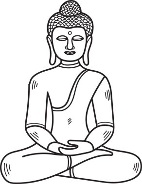 Huzurlu bir ifadeyle bir Buda çizimi. Çizim siyah beyaz ve bir Budist figürü.