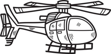 Bir helikopterin siyah beyaz çizimi. Helikopter çizgi film tarzında çizilmiş ve neşeli, kaprisli bir havası var. Çizim basit ve anlaşılması kolay.