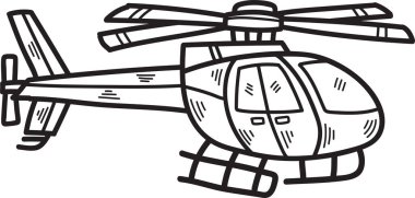 Bir helikopterin siyah beyaz çizimi. Helikopter çizgi film tarzında çizilmiş ve neşeli, kaprisli bir havası var. Çizim basit ve anlaşılması kolay.