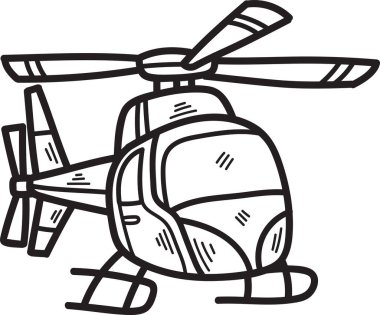 Bir helikopterin siyah beyaz çizimi. Helikopter çizgi film tarzında çizilmiş ve neşeli, kaprisli bir havası var. Çizim basit ve anlaşılması kolay.
