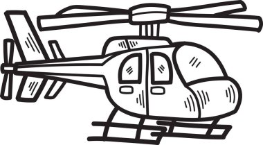 Bir helikopterin siyah beyaz çizimi. Helikopter çizgi film tarzında çizilmiş ve neşeli, kaprisli bir havası var. Çizim basit ve anlaşılması kolay.