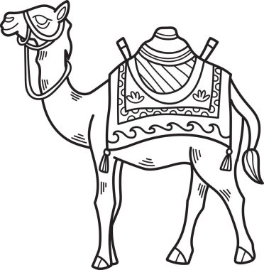 Sırtında bir eyerle bir deve duruyor. Eyer renkli bir desenle süslenmiş.