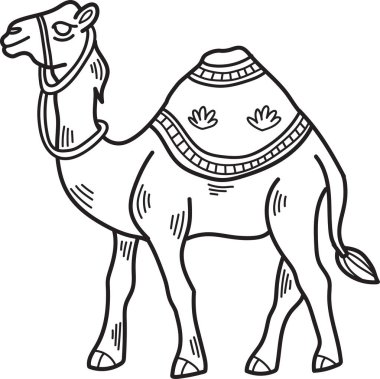 Sırtında bir eyerle bir deve duruyor. Eyer renkli bir desenle süslenmiş.