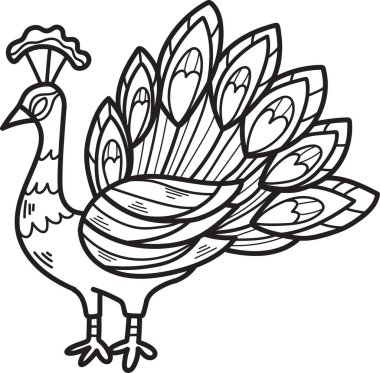 Büyük, renkli ve çetrefilli başlıklı bir tavus kuşunun siyah beyaz çizimi.