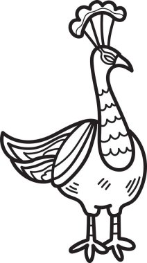 Büyük, renkli ve çetrefilli başlıklı bir tavus kuşunun siyah beyaz çizimi.