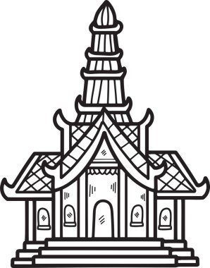 Bir sürü detay ve penceresi olan büyük bir bina. Bina Asyalı stili.