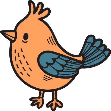 Sivri gagalı çizgi film kuşu arka ayaklarının üzerinde duruyor. Kuş kameraya bakıyor ve el sallıyor.