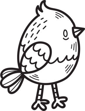 Sivri gagalı çizgi film kuşu arka ayaklarının üzerinde duruyor. Kuş kameraya bakıyor ve el sallıyor.