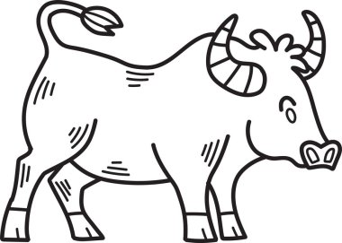 Boynuzlu ve koca ağızlı bir çizgi film ineği. İnek bir tarlada duruyor. İnek gülümsüyor ve kameraya bakıyor.