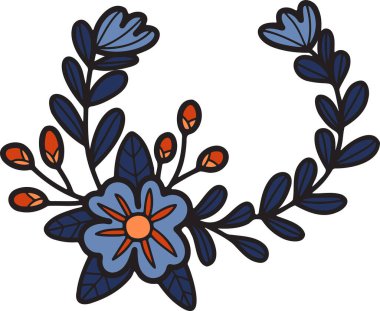 Çiçekli yapraklı bir dalın siyah beyaz çizimi. Çiçekler küçük ve narin, yapraklar da büyük ve yapraklı.