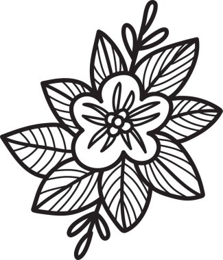 Çiçekli siyah beyaz bir çelenk çizimi. Çelenk yapraklar ve çiçeklerden yapılmıştır ve bir daire ile çevrilidir. Çiçekler küçük ve çelenk boyunca dağılmış.