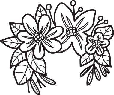 Çiçekli siyah beyaz bir çelenk çizimi. Çelenk yapraklar ve çiçeklerden yapılmıştır ve bir daire ile çevrilidir. Çiçekler küçük ve çelenk boyunca dağılmış.