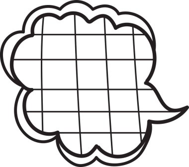 Ortasında noktalar olan bir konuşma balonunun siyah beyaz çizimi. Konuşma balonu çizgi film tarzında çizilmiş ve neşeli, neşeli bir havası var.