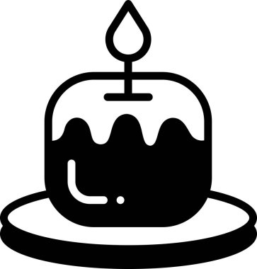 Üzerinde mum olan siyah beyaz bir pasta çizimi. Mum yakılır ve kek bir tabağa konur. Kutlama ve sıcaklık kavramı