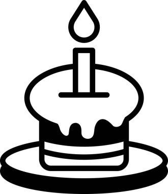 Üzerinde mum olan siyah beyaz bir pasta çizimi. Mum yakılır ve kek bir tabağa konur. Kutlama ve sıcaklık kavramı, yanan mum neşeyi temsil ettiği gibi.