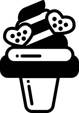 Üstünde kalp şeklinde bir kurabiye olan kalp şeklinde bir dondurma külahının siyah beyaz çizimi.