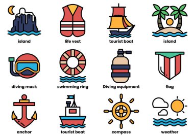 Resim, bir tekne, can yeleği, can yeleği, bir dalış maskesi, bir bayrak ve bir pusula gibi suyla ilgili çeşitli ikonların bir koleksiyonudur. Simgeler bir ızgarada sıralanır