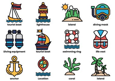 Çeşitli su sporları ve aktiviteleri için bir takım ikonlar. Simgeler arasında bir tekne, bir can yeleği, bir dalış maskesi, bir şnorkel, bir sal, bir can yeleği, bir şnorkel, bir tekne var.