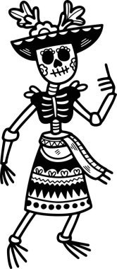 Şapka ve pantolon giymiş bir iskelet dans ediyor. İskelet siyah beyaz bir kıyafet giyiyor.