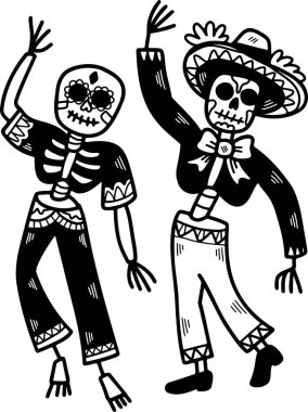 Şapka ve pantolon giymiş bir iskelet dans ediyor. İskelet siyah beyaz bir kıyafet giyiyor.