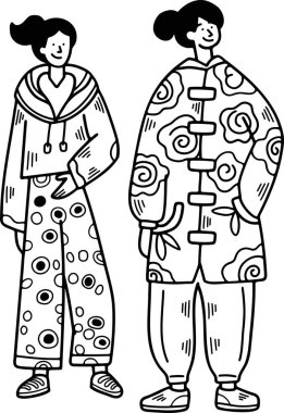 Çin ya da Japon tarzı giyinmiş karakterlerin tasviri. Çizgi biçiminde çizilmiş el