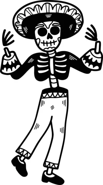 A skeleton dressed in a sombrero and pants is dancing. The skeleton is wearing a black and white outfit — Illustration Skeleton Dressed Sombrero Pants Dancing Skeleton Wearing Black White Outfit — Stock Vector