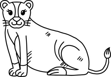 Bir aslan, başını yana eğmiş yerde oturmaktadır. Aslan tasma takıyor ve yüzünde bir gülümseme var.