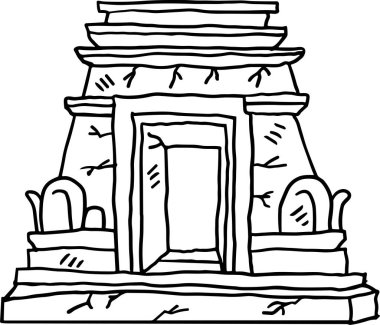 Kapısı ve penceresi olan taş bir bina. Bina eski ve pürüzlü bir yapısı var.