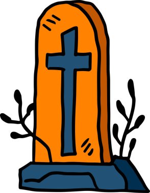 Üstünde haç olan bir mezarlık taşı. Mezar taşı boş ve bacağı kırık.