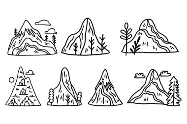 Önünde ağaçlar ve çiçekler olan altı dağ seti. Dağlar farklı boyutlarda ve şekillerde, çiçekler ve ağaçlar sahne boyunca dağılmış.