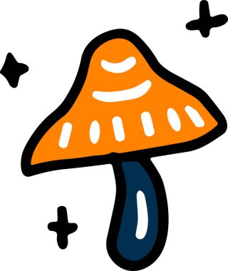 Üzerinde gülen surat çizilmiş bir mantar. Mantar yıldızlarla çevrilidir. Görüntünün tuhaf ve neşeli bir havası var.