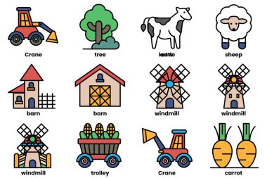 Görüntü, traktörler, yel değirmenleri ve çiftlik binaları da dahil olmak üzere çiftlikle ilgili ikonların bir derlemesi.