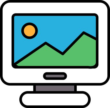 Üzerinde dağlar olan bir bilgisayar monitörü. Dağlar arka planda, güneş ön planda.