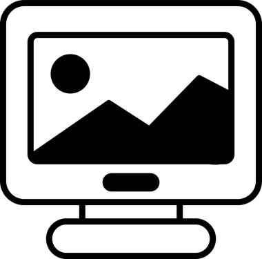 Üzerinde dağlar olan bir bilgisayar monitörü. Dağlar arka planda, güneş ön planda.