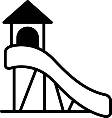 Üstünde küçük bir ev olan siyah beyaz bir kaydırak. Slayt bir oyun alanının parçası.