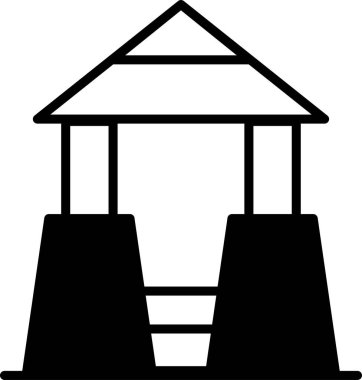 Çatılı bir evin siyah beyaz çizimi. Evin etrafı çitlerle çevrili ve verandası var.