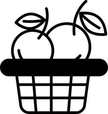 İki elma ve iki yapraklı bir sepet meyve. Sepet siyah beyaz. Elmalar olgunlaştı ve yemeye hazır.